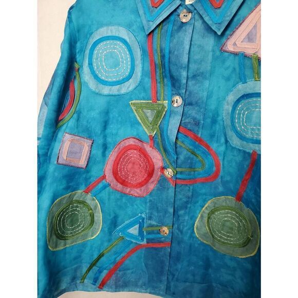 Vintage TravelSmith 100% Silk Artsy Lagenlook Patchwork Embroidered Blouse - Picture 2 of 8